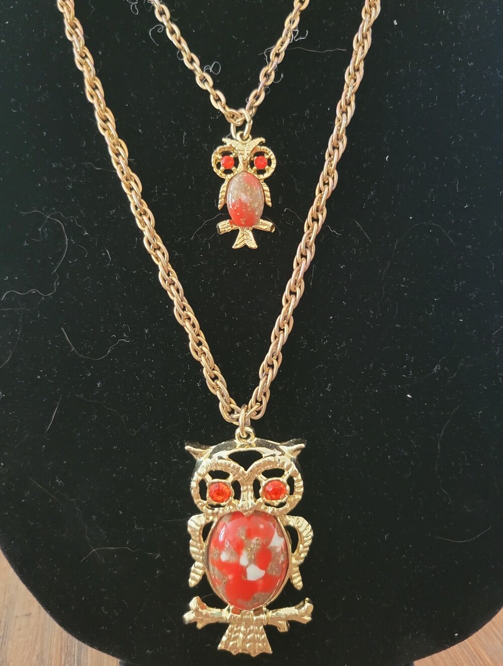 Vintage Two Strand Owl Pendant Necklace